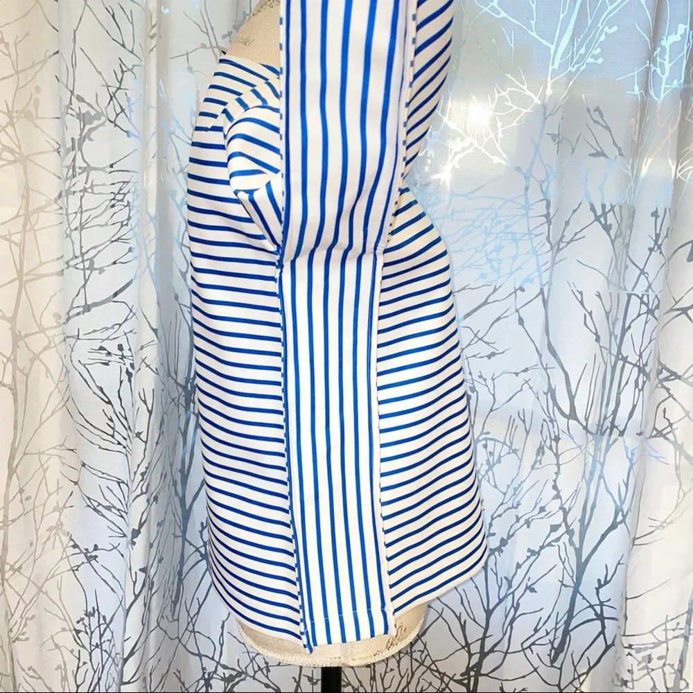 Maje white blue stripe rhinestone row shoulder detail long sleeve sweater top - Picture 6 of 14